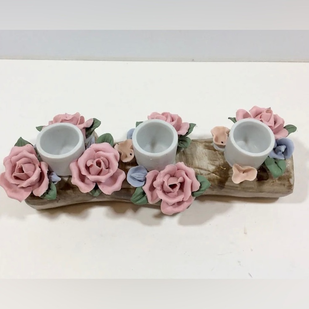 1950S Vintage Capodimonte Flowers on Log Candle Stick Holder Decor Rustic Floral